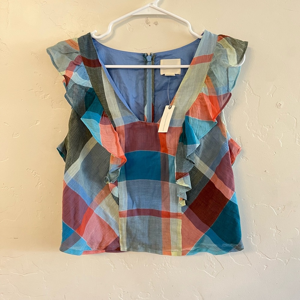 Anthro Maeve NWT Blue Plaid Ruffled Front Sleeveless Top